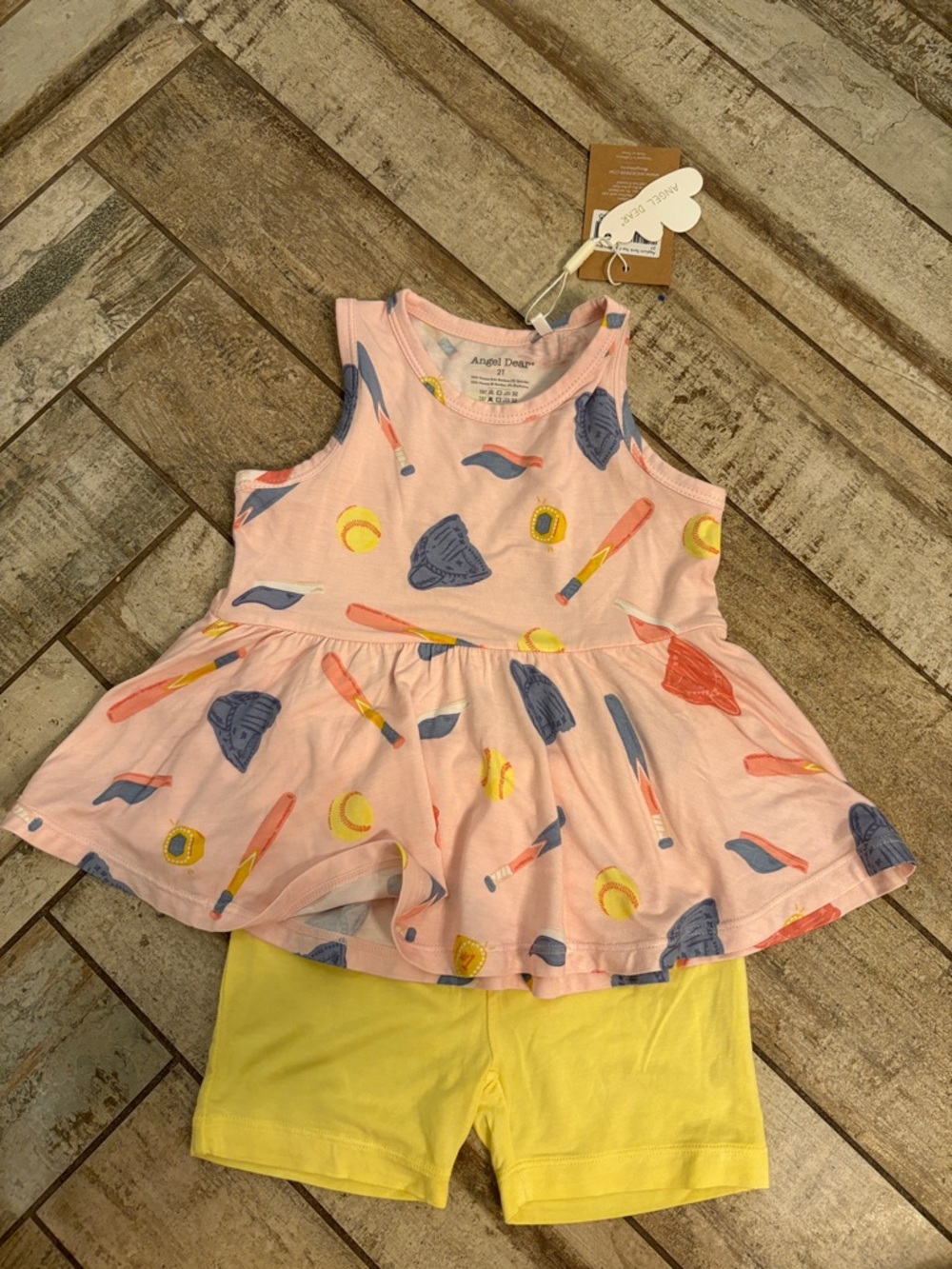 Angel Dear Pink softball Print Peplum Top & Yellow Shorts Set - Kids